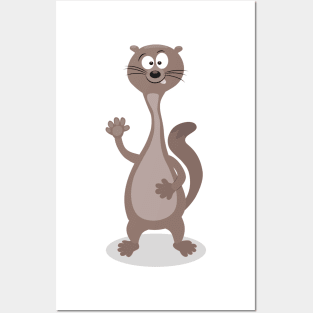 Funny weasel waving cartoon illustration Posters and Art